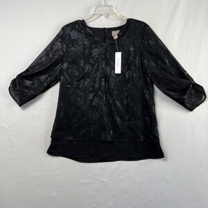 Chicos 0 Tank top Womens Small Black Jacquard Paisley 3/4 Sleeves Whimsigoth